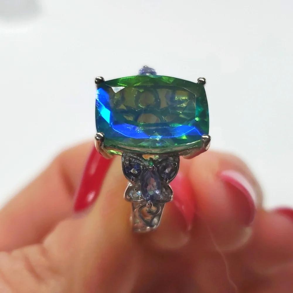 Peacock Triplet Quartz Butterfly Tanzanite Ring Platinum Sterling Silver